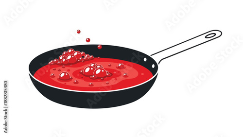 A vivid red liquid, actively bubbling with small and large frothy formations, is contained within a classic black frying pan, illustrating heat and