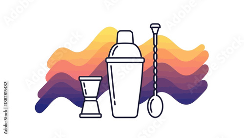 Cocktail Shaker, Spoon, and Jigger With Abstract Wavy Gradient Background Illustration