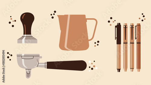 Coffee Creation and Writing: A Conceptual Digital Illustration with Utensils and Stationary