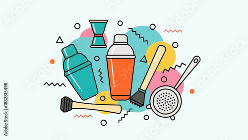 Cocktail Preparation Tools: Vibrant Illustration of Bar Essentials in Playful Design