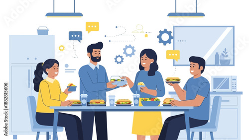 Colleagues Enjoying Mealtime Together, Sharing and Relishing Food in Workplace