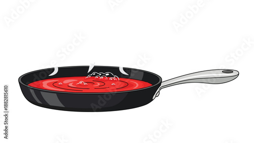 Vibrant red sauce actively bubbling in a sleek black non-stick pan, indicating a cooking process, showcasing culinary preparation with dynamic