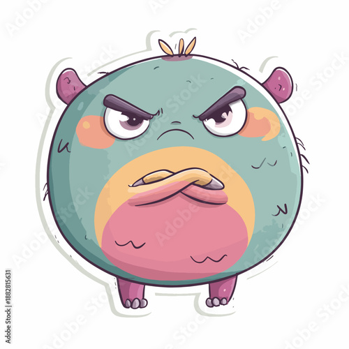 A chibi monster sticker with a grumpy expression on a plain white background, featuring a teal body and pink details in a cartoon style.