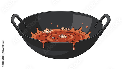 A vibrant cartoon illustration showcasing a dark metal cooking pan actively bubbling with a rich, simmering reddish-brown sauce, perfect for dynamic