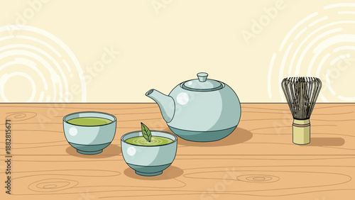 Ceremonial Matcha Tea Set Illustration: A Traditional Japanese Ritual Depiction