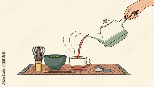 Ceremonial Tea Pouring: An Artistic Depiction Of Matcha Preparation and Ritual