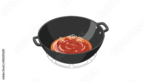 Sauce simmering in a hot wok on a stove, bubbles rising with cooking anticipation