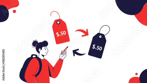 Changing Prices or Discounts Illustrated with a Person and Price Tags with Arrows