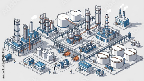 Industrial Chemical Plant Complex with Towers and Tanks.