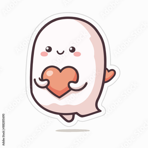 A cute chibi monster sticker with a heart, featuring a pastel pink creature and a peach-colored heart on a white background with a subtle shadow.