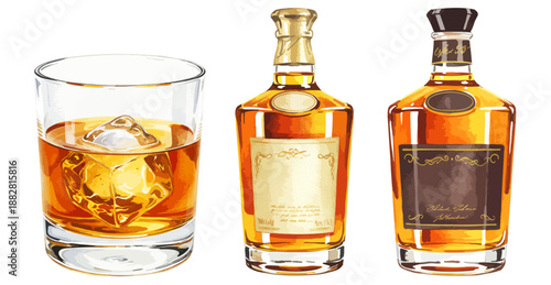 ウイスキーのボトルとロックグラスのイラストセット（洋酒・バー素材）,琥珀色,バーボン,スコッチ,水彩風,リアルイラスト