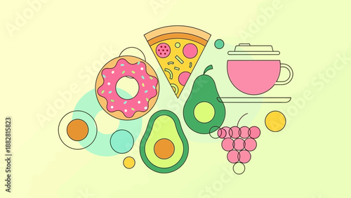 Colorful Culinary Creations Depicting Various Food Items and Refreshing Beverages