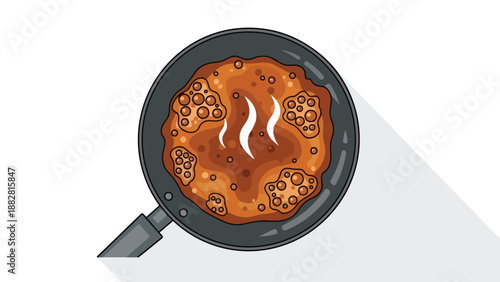 Hot bubbling pancake batter cooking in a dark frying pan, emitting inviting steam, preparing a delightful breakfast.