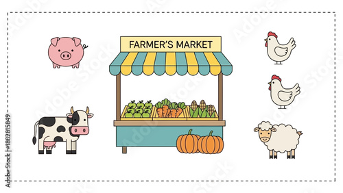 Colorful Farmer's Market Illustration Featuring Animals, Produce, and Retail Display