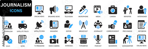  Journalism icon set. Jurnalist News icon set. Containing journalist, media, news, broadcast, interview, and more. Solid vector icons collection. Vector illustration.