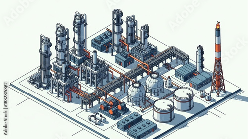 Industrial Oil Refinery Complex with Towers and Tanks.