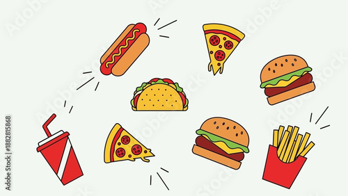 Colorful Fast Food Illustration: A Delicious Assortment of Takeout Treats