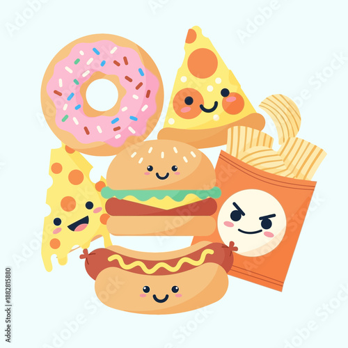 Cheerful Cartoon Food Display Featuring Delicious Pizza, Burger, And Other Tasty Treats