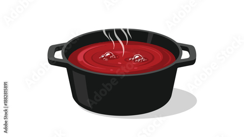 A vibrant red stew or soup actively simmers inside a robust black pot, emitting wisps of steam as bubbles rise, signifying a meal in progress and