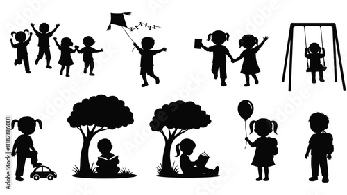 Silhouette Children Playing and Reading Under Trees with Swing and Balloon kids
