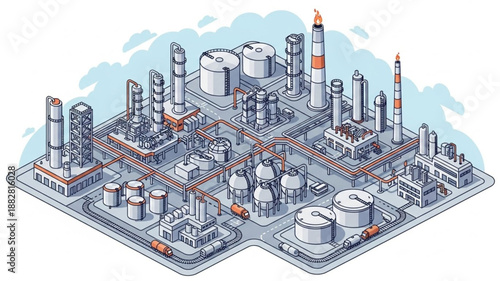 Industrial Oil Refinery Complex with Storage Tanks and Pipelines.