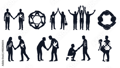 Silhouette Group of People Holding Hands Raising Arms in Unity