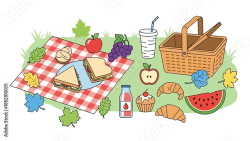Cheerful Summer Picnic Illustration with Basket Food and Colorful Leaves