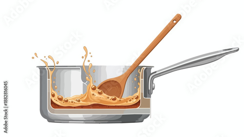 Energetic illustration: wooden spoon stirring golden liquid in saucepan. Dynamic splashes and bubbles convey active culinary preparation, perfect