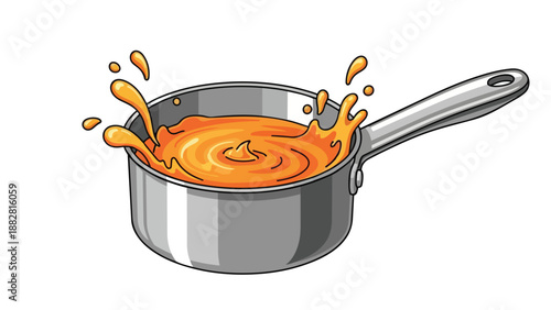 Vibrant orange liquid actively splashes and swirls within a sleek silver saucepan creating an energetic and captivating culinary visual effect on a