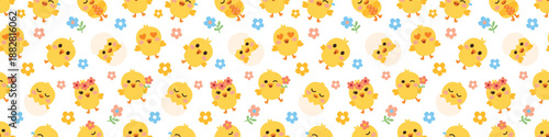 Easter chick emotions seamless pattern in colorful flat style Cute cartoon baby chicks spring seamless vector pattern Sweet Easter chick characters seamless pattern illustration