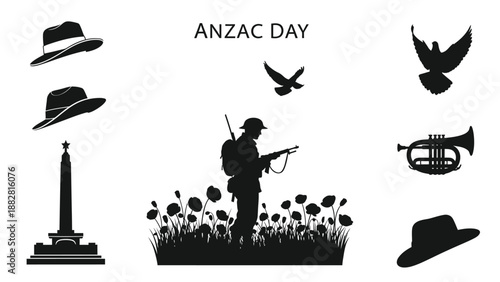 Black Silhouette of A N Z A C Day Commemoration ANZAC Day soldier rifle war memorial