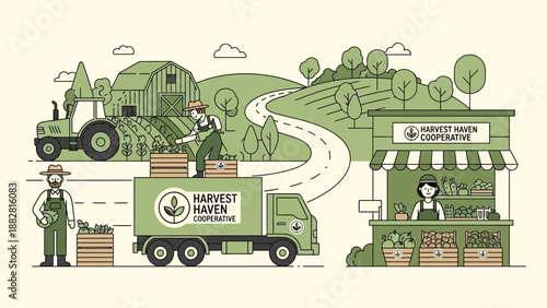 Community Farm Scene Depicting Cooperative Harvest, Transport, And Retail