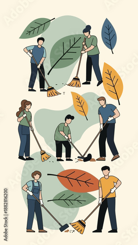 Community Volunteers Sweeping Leaves Outdoors Depicting Collaborative Cleaning Efforts