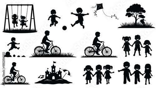 Silhouette Children Playing Various Outdoor Activities