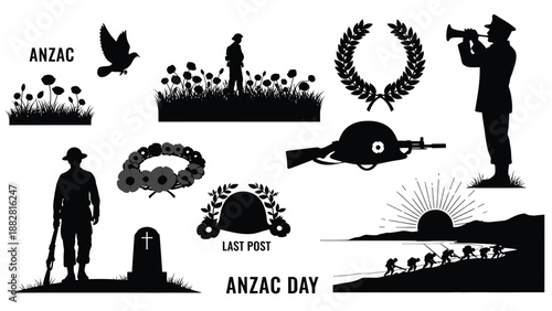 Black Silhouette of A N Z A C Day Commemoration ANZAC Day war memorial soldiers poppies