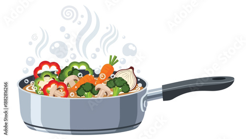 Vibrant wholesome vegetable medley simmering gently in a saucepan, creating a delightful aroma of fresh ingredients ideal for a healthy and