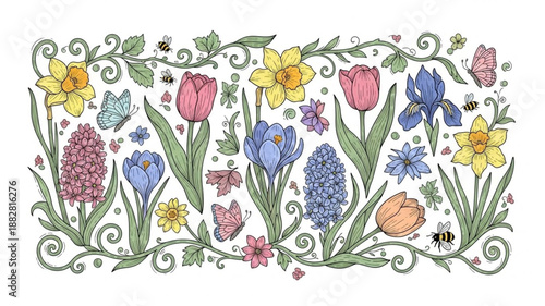 Spring Flowers Botanical Illustration Border Design.