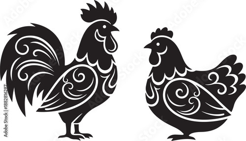 Rooster and Hen Decorative Farm Bird Silhouette Set
