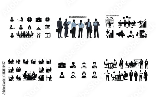 Black and white office workers and business set