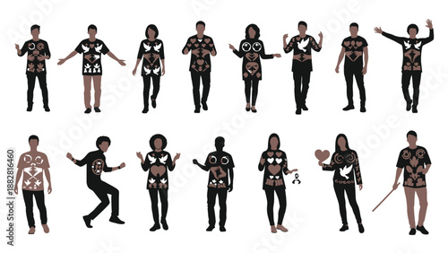 SilhouetteGroupDancingPosesBlackShirtsHeartWingPatternsVector
