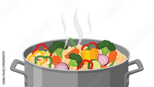 Hearty vegetable medley steaming in a large cooking pot for a delightful and healthy meal presentation