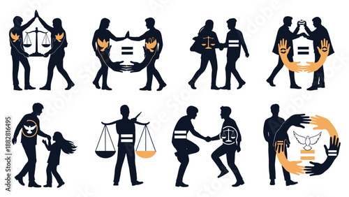 SilhouetteFiguresHoldingJusticeScalesEqualityPeaceSymbolsVectorBlackOrange