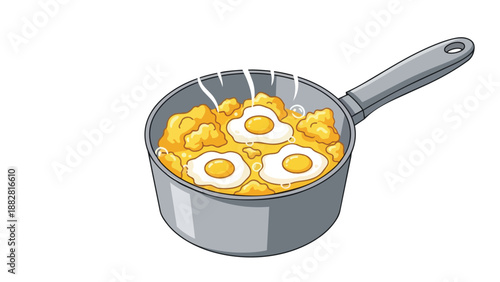 Animated illustration of a steaming saucepan with golden scrambled eggs and three perfect fried eggs.