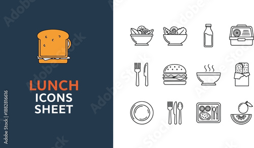 Black outline icon sheet of lunchtime meal elements