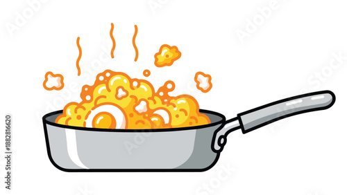 Vibrant cartoon illustration of hot food cooking in a pan with rising steam and bubbling ingredients