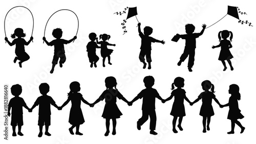 Silhouette of children playing with hula hoops and kites in a line holding hands