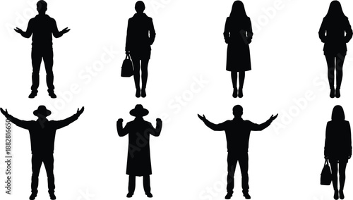 Collection of black silhouettes of men and women in various poses and coats isolated on white background for architectural visualization