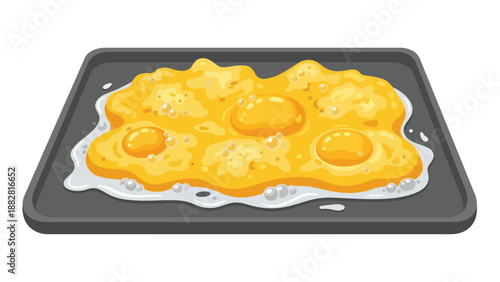 A vibrant cartoon illustration of multiple sunny-side up eggs gently sizzling on a sleek dark cooking pan, expertly prepared for a delightful