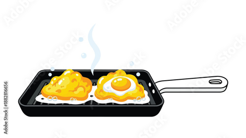 Golden eggs, one fried, one scrambled, sizzle in a black griddle pan. Steam rises, lively bubbles appear, representing fresh, warm, delightful
