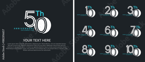 anniversary logo set with circle. white and blue color on black background for celebration moment